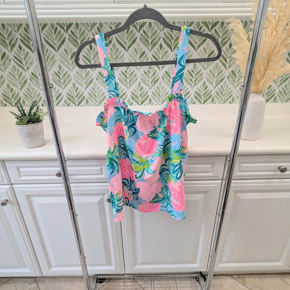 Lilly Pulitzer Pink & Teal Floral Ruffle Tank Top - Picture 3 of 10